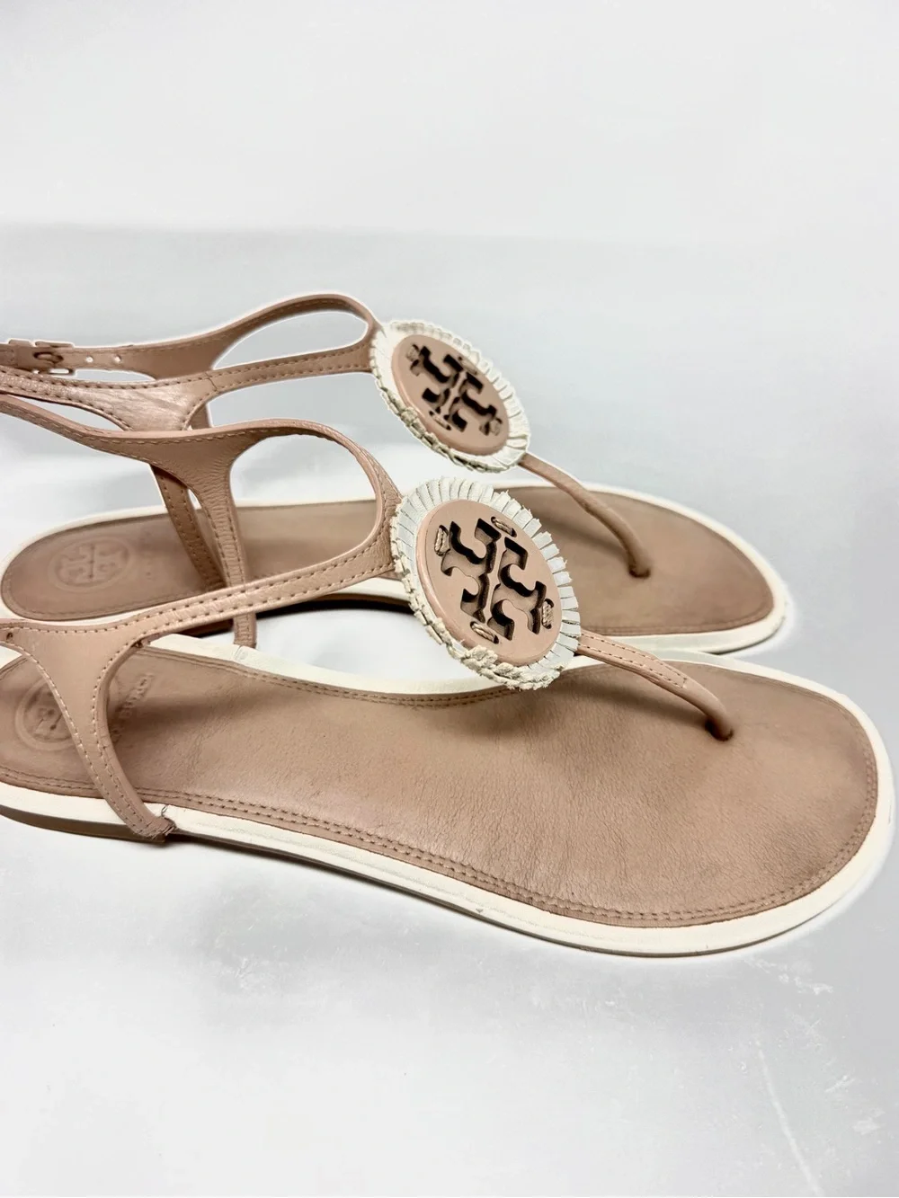 Tory Burch Miller Fringe Tan and Cream Flat Leather Sandals
